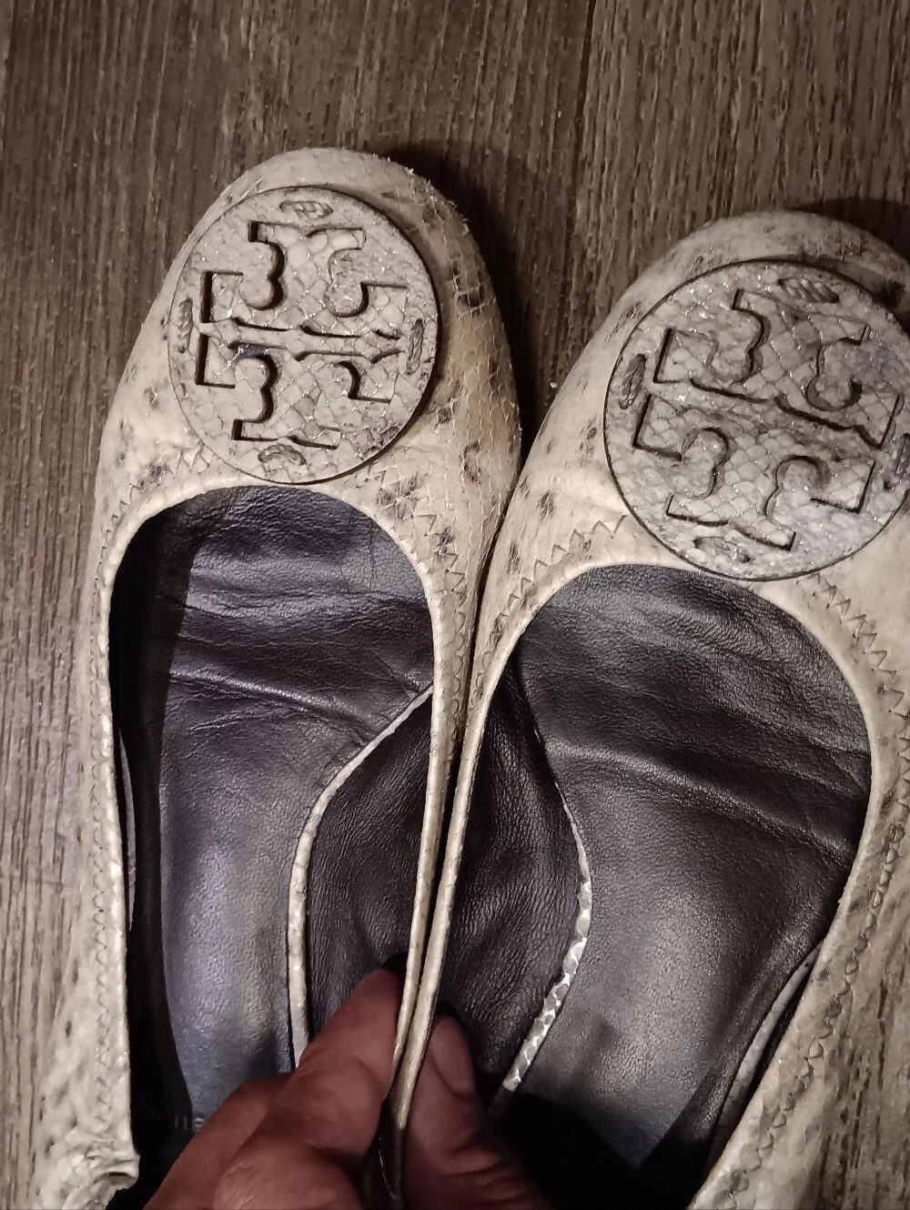 Tory Burch Cream Snake-Print Elastic Ballet Flats